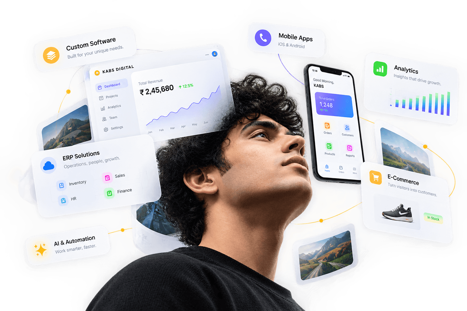 Floating KABS Digital product interfaces around a person looking up